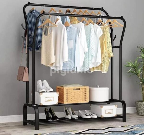 Curved Double Clothes Rack with 2 Bottom Shelf Storage Organizer Space & has Side Hooks