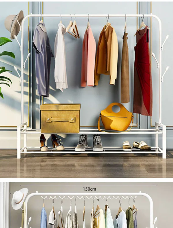 Clothing Rack With Lower Storage Shelf for Boxes /Shoes And Side Hooks