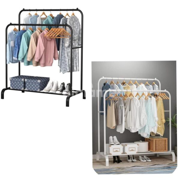 Double Pole Clothing Rack With Lower Storage Shelf for Boxes /Shoes