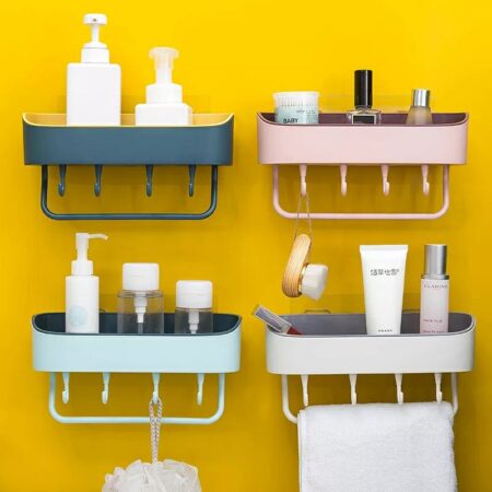 Bathroom organizer with towel holder and hooks