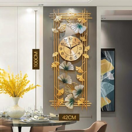 Golden wall clock with Ginkgo leaf décor living room wall clock